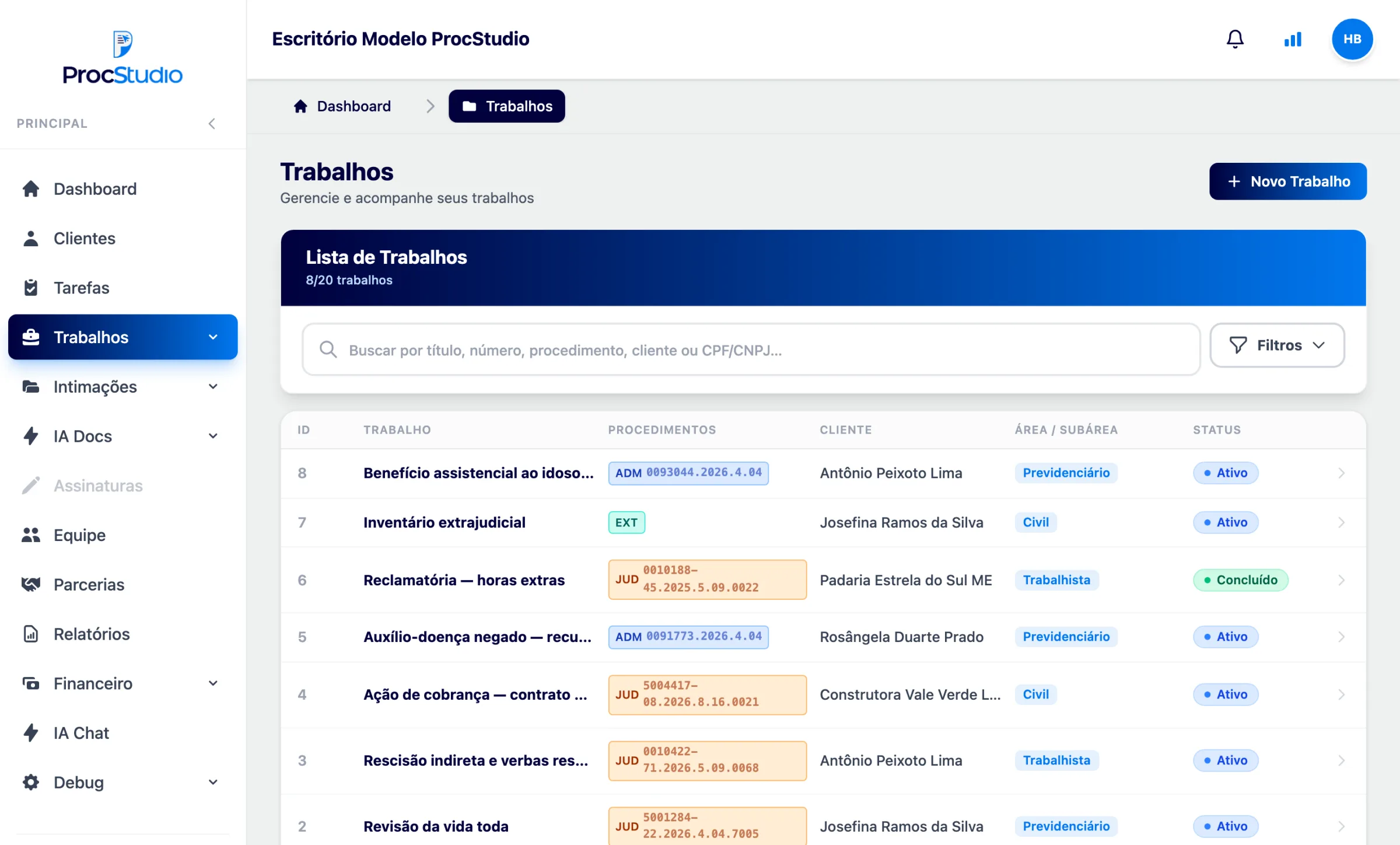 Lista de trabalhos do ProcStudio: oito processos previdenciários, trabalhistas e cíveis, cada um com número do procedimento, cliente, área e situação.