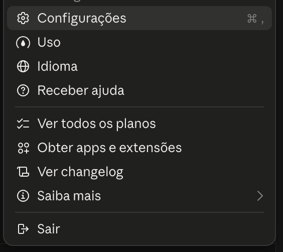 Menu da conta do Claude com a opção Configurações