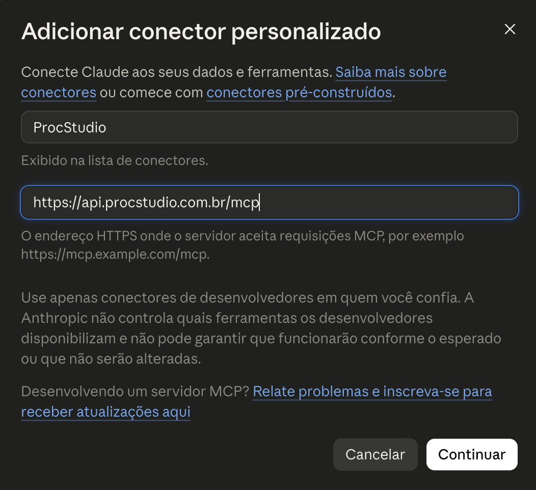 Tela Adicionar conector personalizado com nome ProcStudio e endereço do servidor