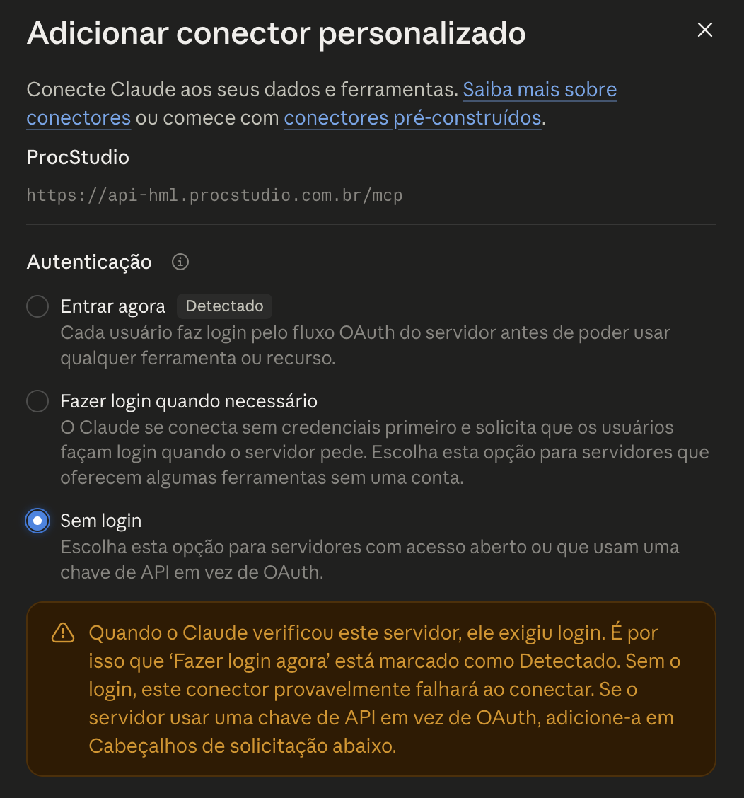Opções de autenticação do conector: Entrar agora (Detectado), Fazer login quando necessário e Sem login, com o aviso amarelo
