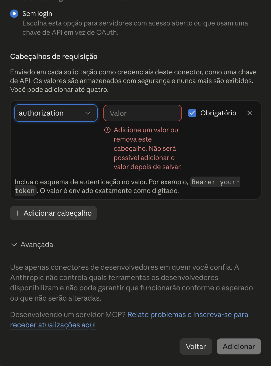 Cabeçalhos de requisição do conector: nome authorization, campo de valor e a dica de incluir o esquema Bearer
