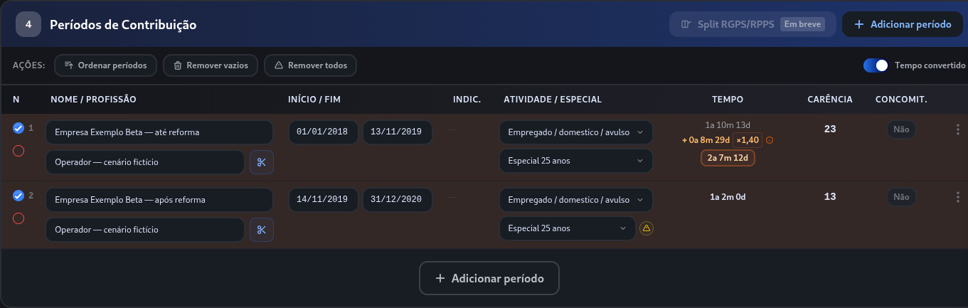 Vínculo fictício dividido até 13/11/2019 e a partir de 14/11/2019 na Planilha.